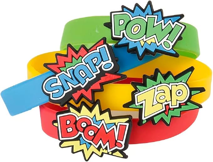 Superhero Stretchy Rubber Bracelets 24 Pack (6") Colorful Wristbands with Comic Super Hero Action Sayings Snap! Pow! Boom! Zap. Great for Birthday, Party Favors (Superhero Bracelets, 24)