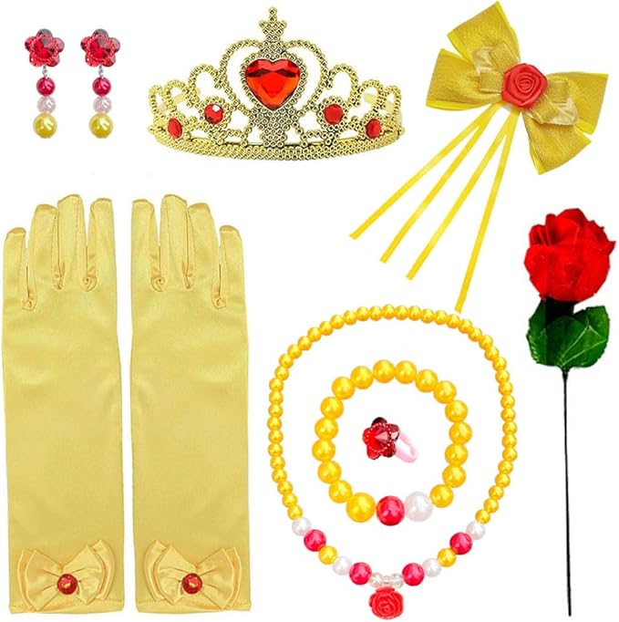 Princess Belle Costume Dress up Accessories for Girls Belle Gloves Tiara Crown Necklace Earrings Bracelet Ring Hair Bow and Rose Flower Set Princess Halloween Cosplay Accessories Christmas Gifts Set