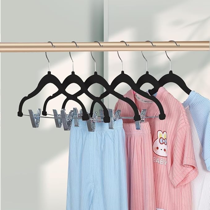 Stormix Baby Hangers, 14 Pack Pants Hangers with Clips, Non-Slip Clothes Hangers, Heavy-Duty Kids Hangers for Shirts, Pants, Skirts, Dresses, Jackets, Coat (Black)