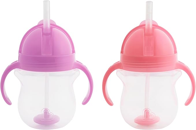 Munchkin® Splash™ 4 Piece Toddler Divided Plate and Bowl Dining Set, Pink/Purple & Any Angle™ Weighted Straw Trainer Cup with Click Lock™ Lid, 7 Ounce, 2 Pack, Pink/Purple