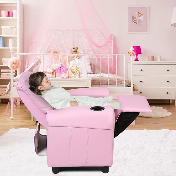 ARLIME Kids Recliner chair, toddler Armchair Upholstered Couch with Cup Holder, Backrest, baby Leather sofa with Headrest and Footrest, Child Furniture for Ages 2-7(Pink)