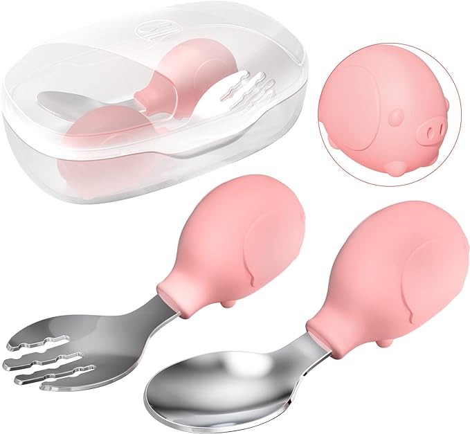 Deejoy Toddler Utensils, Toddler Spoons and Forks, Stainless Steel Spoon Toddler Silverware Set, Kids Silverware Self Feeding Flatware Set with Travel Safe Case for Kids (Pink)