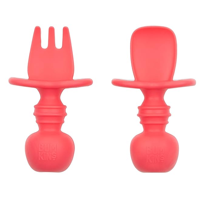 Bumkins Baby Utensils Set, Chewtensils Silicone Spoons for Dipping, Self-Feeding, Baby Led Weaning, Trainer Learning, First Stage Eating, Soft Practice Fork and Spoon, Babies 6 Months, Red