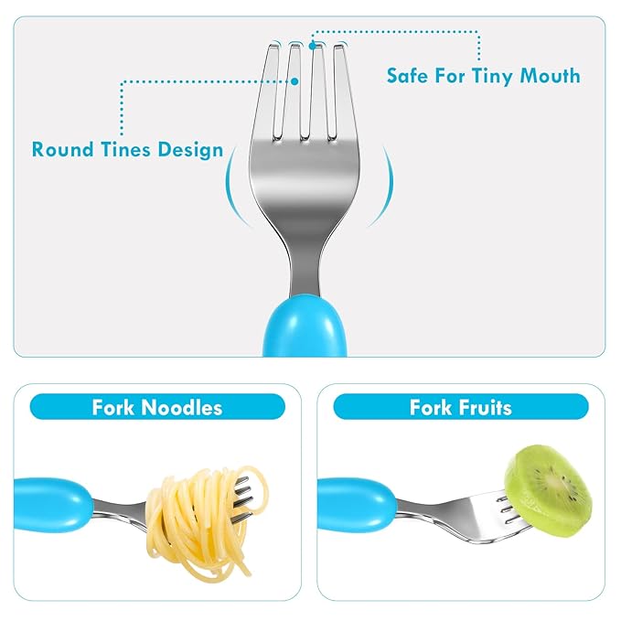 Lehoo Castle Toddler Fork and Spoon, 6pcs Toddler Utensils Kids Silverware, Safe Stainless Steel Toddler Fork Spoon Set, Children Flatware Set, Incudes 3 Spoons and 3 Forks (Blue Yellow)
