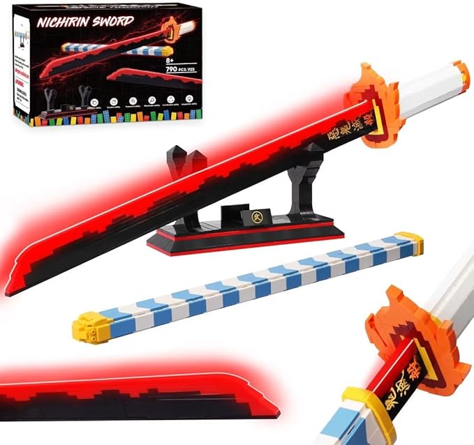 Jorumo Demon Slayer Sword Building Set, 27in Rengoku Kyoujurou Sword Building Block with Scabbard and Stand, Cosplay Anime Sword Toy Building Set for Collecting 790 Pieces, Luminous