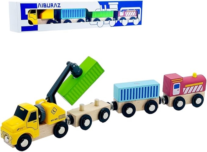 Wooden Trains Cars with Crane Magnetic Train Toys for Wooden Train Tracks Train Sets for Toddlers and Kids Ages 3+ (Crane Train)