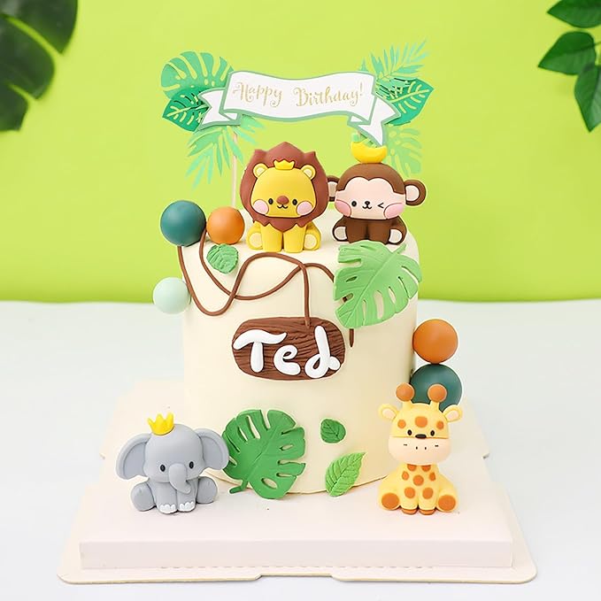 12 Pcs Jungle Safari Animal Cake Toppers with Elephant Giraffe Lion Monkey Glittery Tropical Leaves, Cute Jungle Animals Cake Decoration for Jungle Themed Party Baby Showers Kids Birthday Party