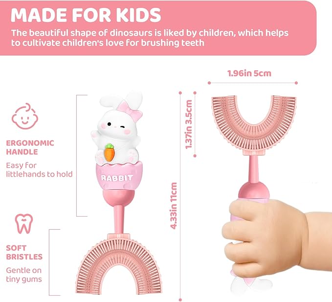 Toddler U-Shaped Toothbrush for 2-6 Years, Training Toothbrush, Kids Toothbrush, Food Grade Soft Silicone Brush Head, 360° Oral Teeth Cleaning Design for Kids, U-Shape Toothbrush for Kids (Pink