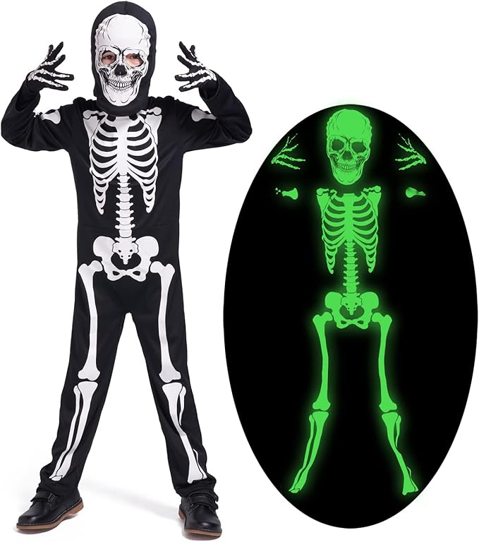 Leadtex Kids Glow in the Dark Skeleton Halloween Costume, All in One Skeleton Printed Jumpsuit with Hood and Gloves.