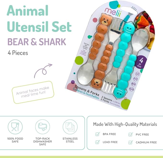 melii Toddler and Kid Feeding Spoon & Fork Set, Stainless Steel – Bulldog, Cat, Shark, Bear– BPA Free, Dishwasher safe (Bear & Shark 4pc)