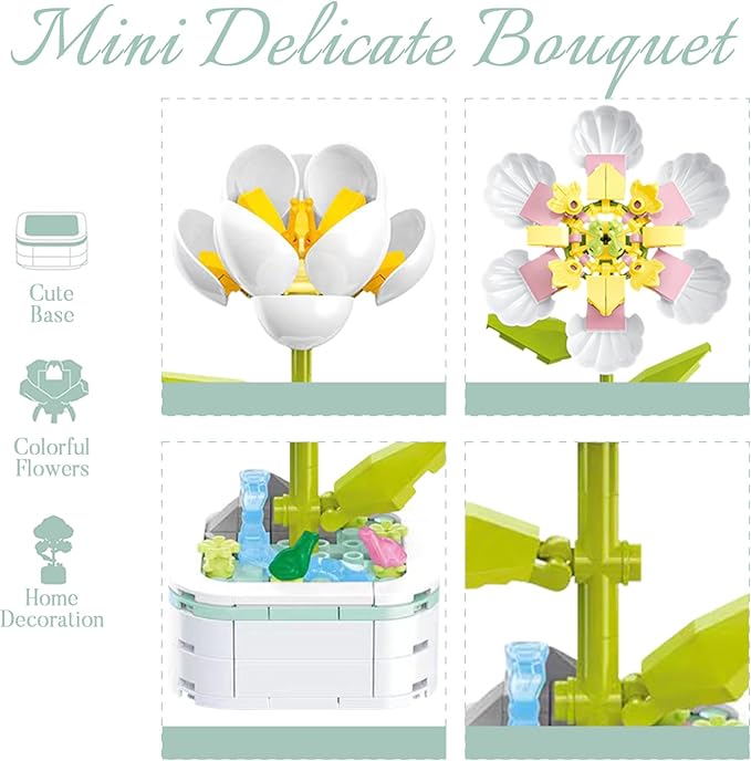 Flower Bouquet Building Set with Base, Flower Building Set Artificial Plant Flowers Building Blocks for Home Office Decor, Birthday Gifts, Desktop Trinkets Age 6+