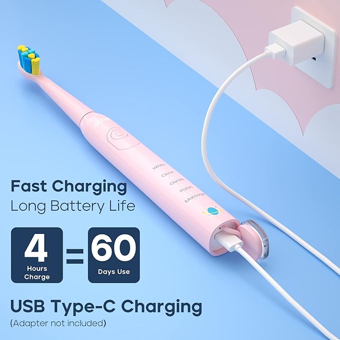 SEAGO Kids Electric Toothbrush, Sonic Soft Bristle Rechargeable Toothbrushes with DIY Stickers, 5 Modes, Includes 4 Replacement Brush Heads, Ages 3 to 12 Years Old (Pink)
