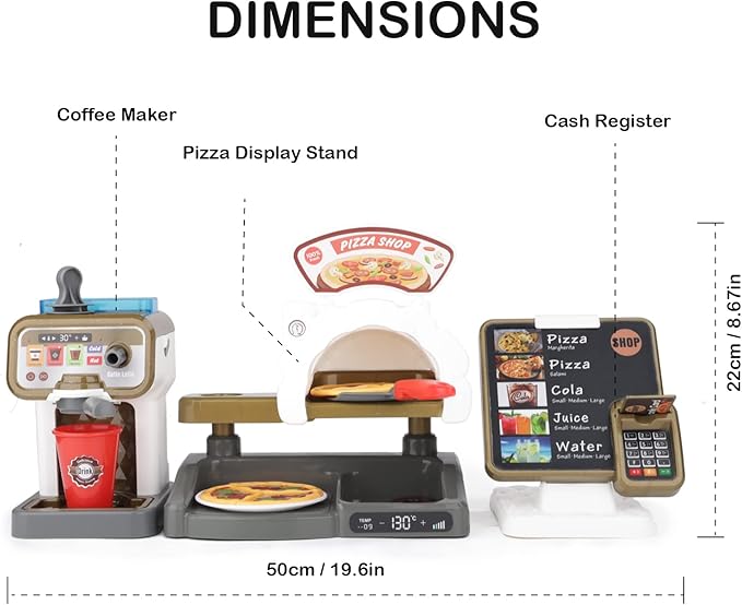 deAO Pretend Play Store Coffee Playset Kids Coffee Maker Play Set Pizzas Shop with Cash Register 30pcs STEM Toy for Kids Pre-School Pretend Toy for Toddlers Boys & Girls Age 3+