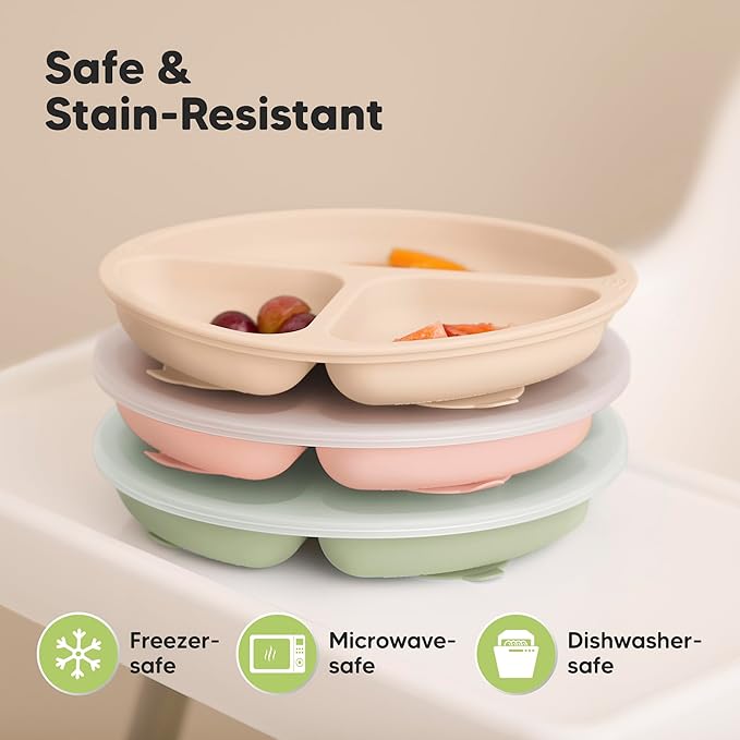 KeaBabies Suction Plates with Lids for Baby - 3-Pack 100% Silicone Suction Plates for Baby, Kids,Toddler Plates,Divided Baby Plates with Suction,Lids, BPA-Free, Microwave, Dishwasher Safe (Macaron)