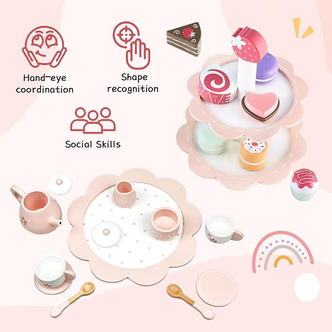 Wooden Tea Party Set for Little Girls, 25Pcs Wooden Tea Set with Play Food Dessert Cakes and Cake Stand for Toddler, Wooden Pretend Play Tea Set Toys for Toddlers 2 3 4 5 6 Years Old Birthday Gift