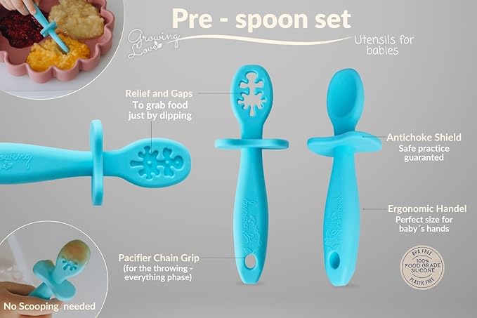 Growing Love Baby Spoons Set, Self Feeding 6 months, Pre-Spoon, Baby utensils, training spoon, cuchara bebe, blw, 100% silicone