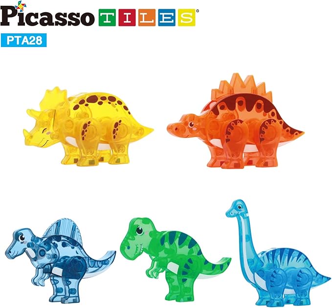 PicassoTiles Magnet Tile Dinosaur Action Figure Playset Mix or Match Compatible Prehistoric Parts STEM Magnetic Tiles for Creative Building Imaginative Educational Pretend Play Toddlers Ages 3+ PTA28