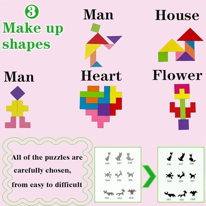 Wooden Blocks Puzzle Brain Teasers Toy (Magnetic version), Travel Tangram Puzzle - Magnetic Pattern Block Book Road Trip Game Jigsaw Shapes Dissection STEM Games with Solution for Kid Adult Challenge