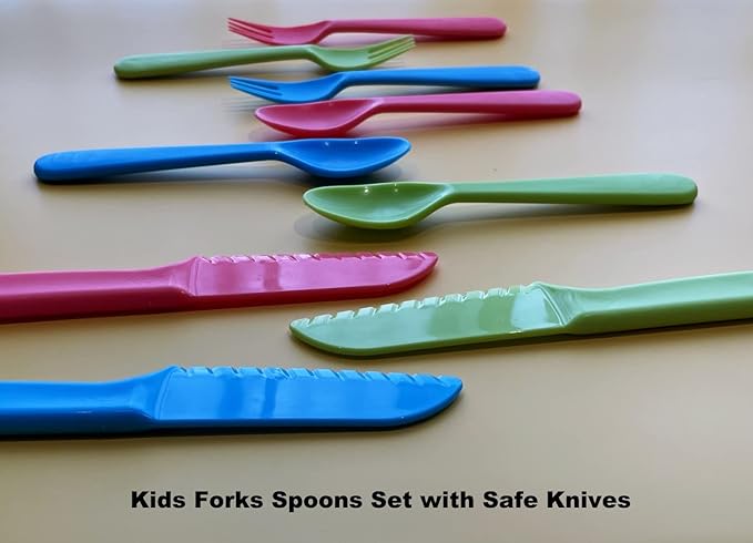 Kids Cutlery Set - Jawbush 9 Pcs Plastic Toddler Utensils Forks and Spoons with Knives for School Lunch Box Camping or Travel, Reusable Kids Silverware Set with Bright Colors, Dishwasher Safe