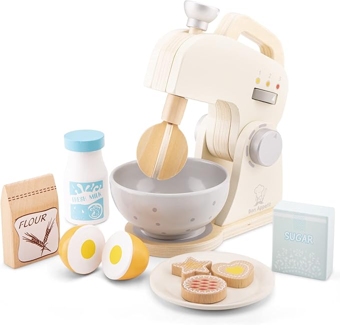 New Classic Toys Wooden Mixer Set Pretend Play Toy for Kids Cooking Simulation Educational Toys and Color Perception Toy for Preschool Age Toddlers Boys Girls , Red,White
