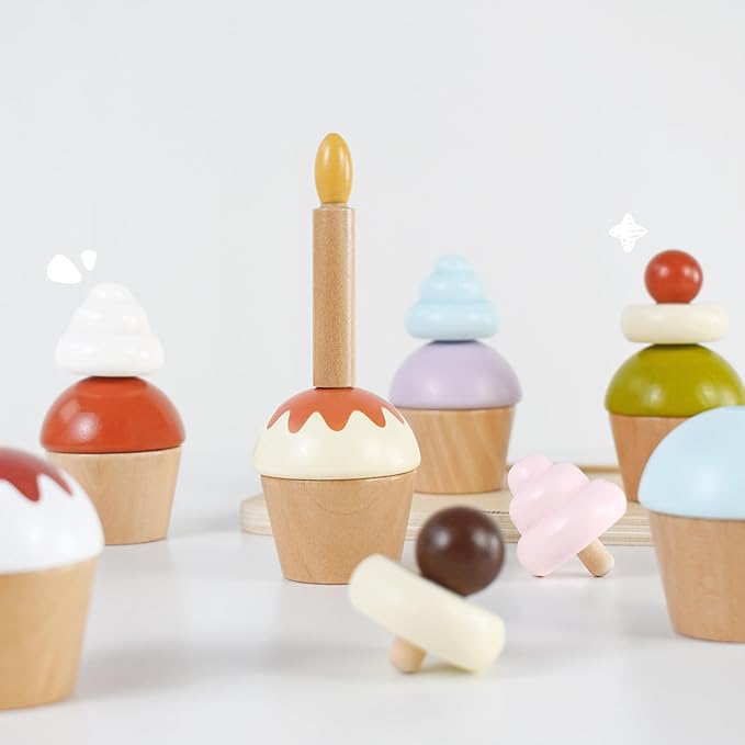 Wooden Cupcakes Toy,Kids Kitchen Playset,Pretend Play Food with Menu,Birthday Cake Toy for Toddlers Boys Girls Ages 3+