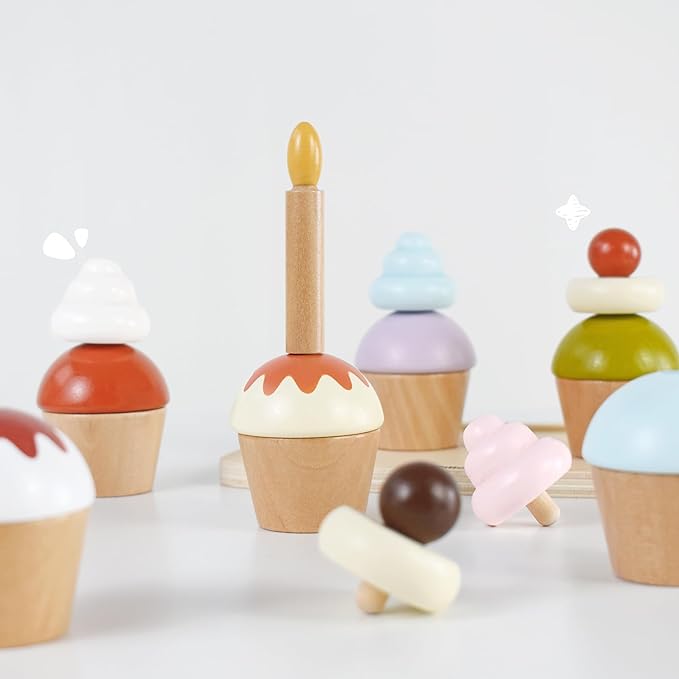 Wooden Cupcakes Toy,Kids Kitchen Playset,Pretend Play Food with Menu,Birthday Cake Toy for Toddlers Boys Girls Ages 3+