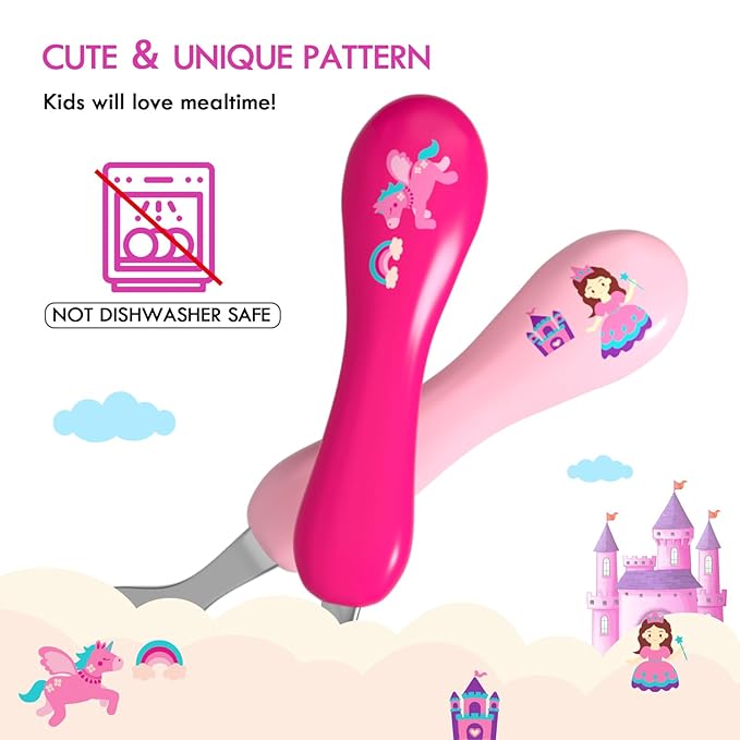 Lehoo Castle Toddler Fork and Spoon, 6pcs Toddler Utensils Kids Silverware, Safe Stainless Steel Toddler Fork Spoon Set, Children Flatware Set, Incudes 3 Spoons and 3 Forks (Pink)