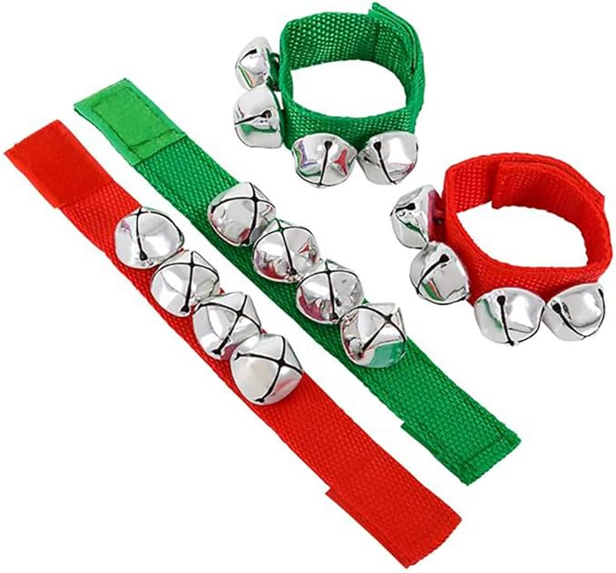 The Dreidel Company Christmas Jingle Bell Band Bracelet, Green & Red Bands with Hanging Jingle Ball Bells (12-Pack)