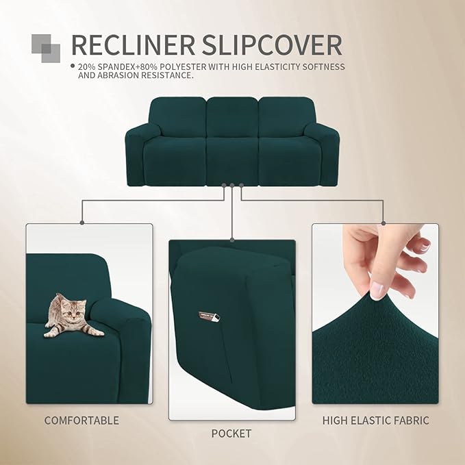 Easy-Going 8 Pieces Microfiber Stretch Sectional Recliner Sofa Slipcover Soft Fitted Fleece 3 Seats Couch Cover Washable Furniture Protector with Elasticity for Kids Pet(Recliner Sofa, Deep Teal)