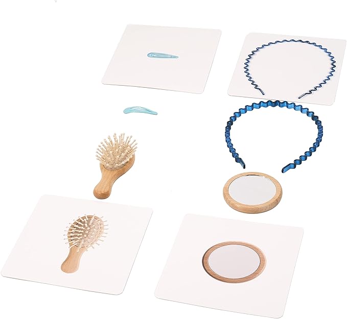 Montessori Language Materials Objects with Identical Cards Matching Game Minitures Flash Cards Cleaning Tools Hair Accessories Sewing Items (Hair Accessories)