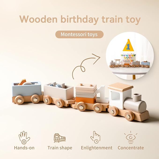 Wooden Train Set for Toddler Toys 14pcs Montessori Train Toy Set for Baby 3-5 Years Wooden Train Cars with 1 2 3 4 5 Numbers & Blocks Birthday Gift for Boys Girls