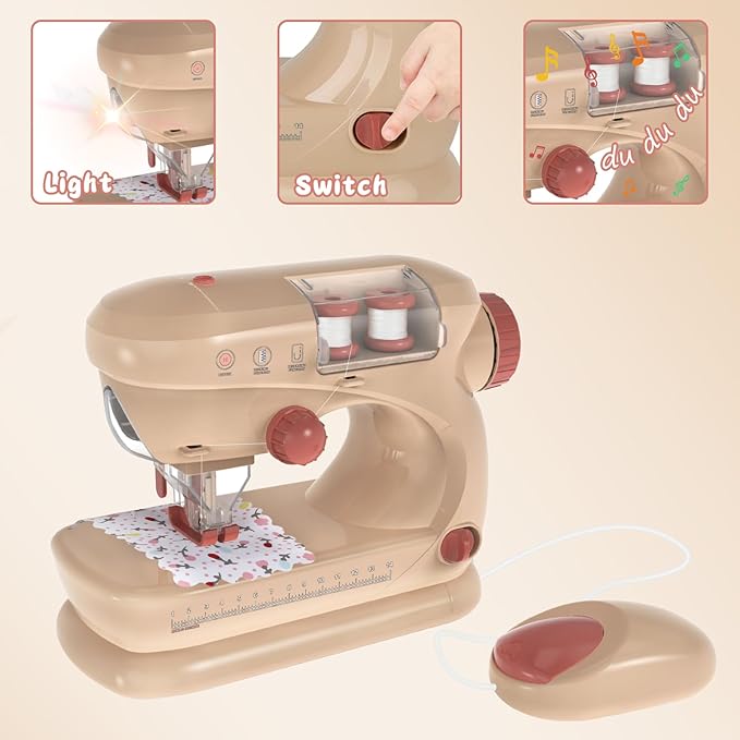 deAO Sewing Machine for Beginner, Safe Small Sewing Kit with Music Pre-Threaded Thread Fabric, Pretend Play Arts and Crafts Toys Gift for Kids Ages 8-12 Childrens Girls Boys for Birthday Christmas