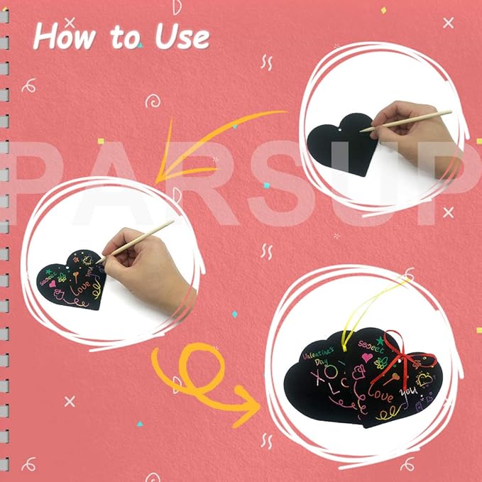 Valentines Day Scratch Paper 96 Pieces Art Rainbow Heart-shaped Scratch Craft Art with Wooden Styluses and Ribbons for Kids Decorative Arts and Crafts Valentine's Day Wedding