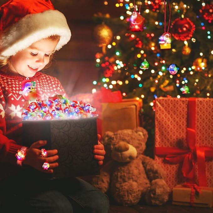 Atonofun Christmas Party Favors for Kids Light Up Christmas Gift Flash Rings Necklaces Bracelets 42 Pack Christmas LED Toys Glow in the Dark Christmas Party Supplies for Christmas Stocking Stuffers