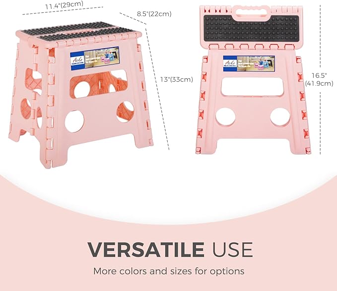 ACKO Folding Step Stool 13 Inch Stool Heavy Duty Plastic Foldable Step Stools for Kids, Stepping Stool with Handle, Folding Stool Suitable for Kitchen Hold Up to 300 LB (Sakura Pink 1PC)
