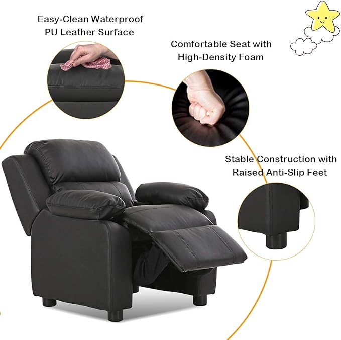 Costzon Kids Recliner, Leather Recliner Chair w/Footrest, Armrest Storage, Headrest & Lumbar Support, Ergonomic Lounge Chair for Living & Gaming Room, Adjustable Recliner Sofa for Boys Girls (Black)