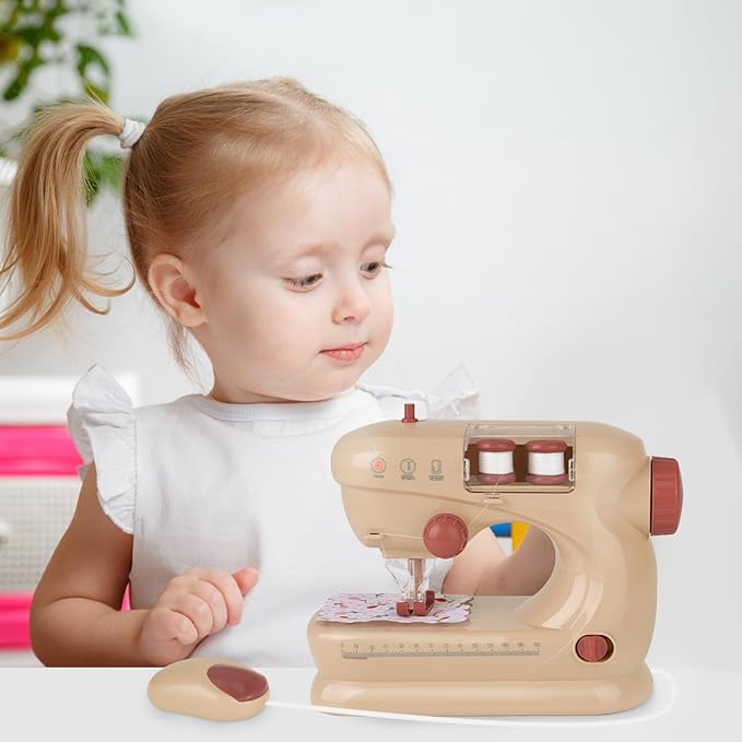 deAO Sewing Machine for Beginner, Safe Small Sewing Kit with Music Pre-Threaded Thread Fabric, Pretend Play Arts and Crafts Toys Gift for Kids Ages 8-12 Childrens Girls Boys for Birthday Christmas