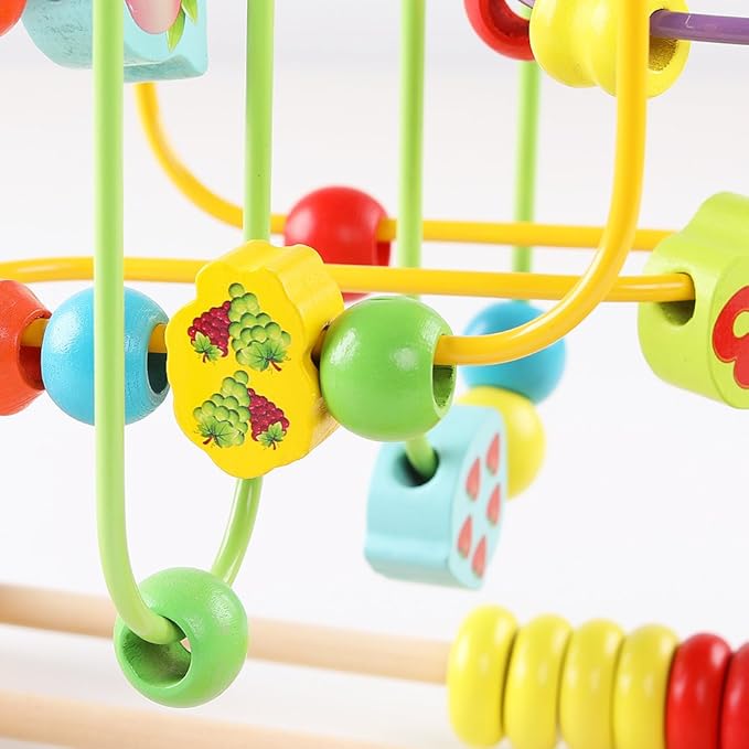 QZMTOY Wooden Toys for Toddlers, Bead Maze Toy for Toddlers with Colorful Animals Fruits Shapes, Educational Counting Learning Circle Toys for Kids, Classic Gifts for Boys Girls Baby