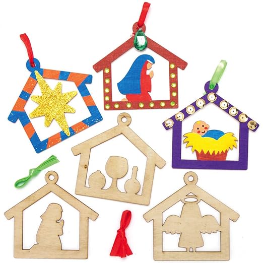 Baker Ross AX559 Nativity Wooden Bauble Decorations - Pack of 10, Christmas Tree Ornaments for Creative Art and Craft Activities to Paint and Decorate
