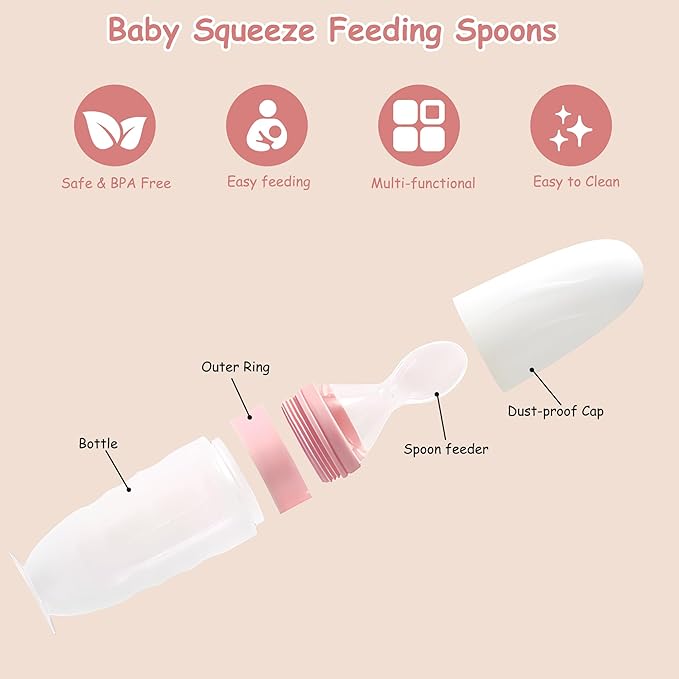 WAJIAYON Baby Food Feeder 4 Pack Silicone Baby Food Dispensing Spoon-3 oz Squeeze Feeding Spoons with Suction Cup for Boys Girl Kids Toddlers - Self Feeding Bottle Spoon-Sakura Pink