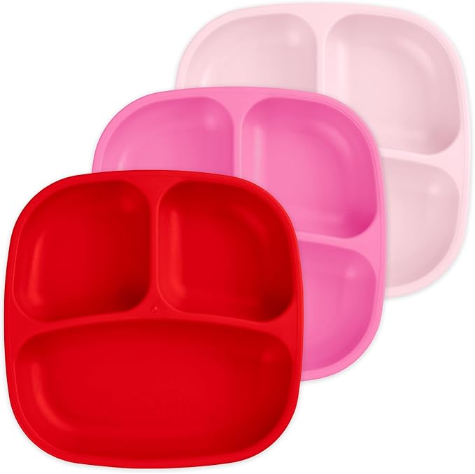 Re-Play Made in USA 7" Deep Walled Divided Plates for Kids, Set of 3 - Reusable 3 Compartment Plates, Dishwasher and Microwave Safe - 7.37" x 7.37" x 1.25", Valentine