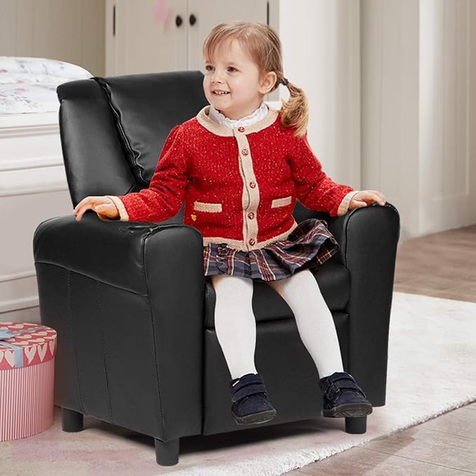 Costzon Kids Recliner Chair with Cup Holder, Toddler Furniture Children Armrest Sofa w/Headrest & Footrest for Girls Boys Baby Bedroom, Kids Room, PU Leather Kids Recliner Couch (Black)
