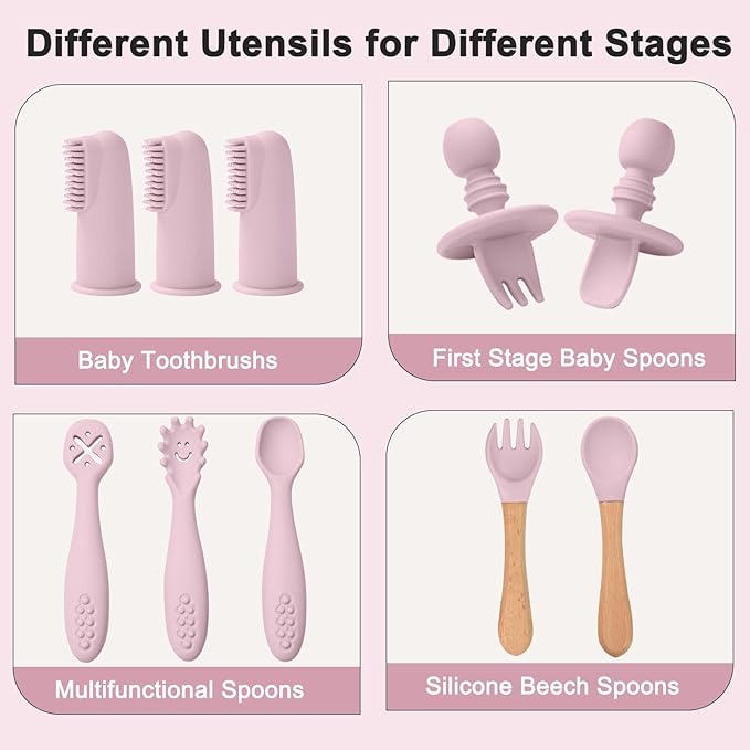 Silicone Baby Feeding Set 14 Pcs,Baby Led Weaning Supplies, Baby Spoons Suction Bowl Divided Plate Bib Cup Finger Brush,First Stage Solid Food Eating Utensils - 6+ Months(Light Pink)
