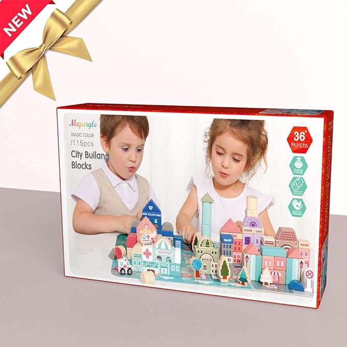 Wooden Building Blocks Set, City Construction Stacker Stacking Preschool Learning Educational Toys, Toddler Toys for 3+ Year Old Boy and Girl Gifts