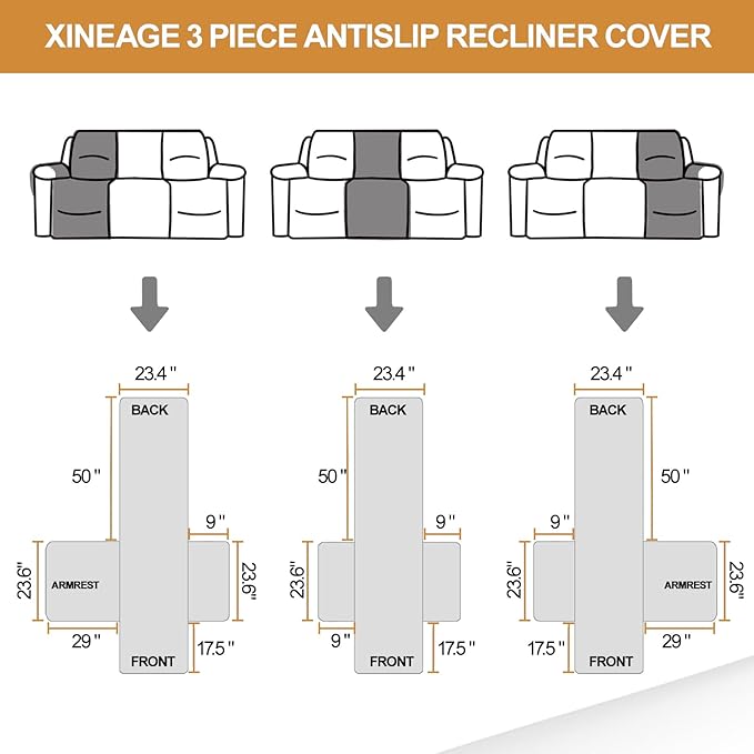 XINEAGE Water Resistant Recliner Cover, 3 seat Recliner Sofa Covers with Pockets, Quilted Thick Recliner Protector Cover for Dog Pets with Non Slip Backing and Strap (Recliner Sofa, Red)