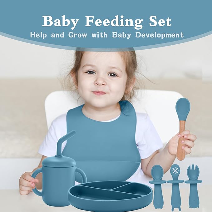 Silicone Baby Feeding Set,13PCS Baby Feeding Essentials with Suction Bowl and Plate,Spoons & Forks,Bib & Cup,Baby Toothbrush,Baby Led Weaning Supplies for 6+ Months,Baby Eating Essentials (Blue)