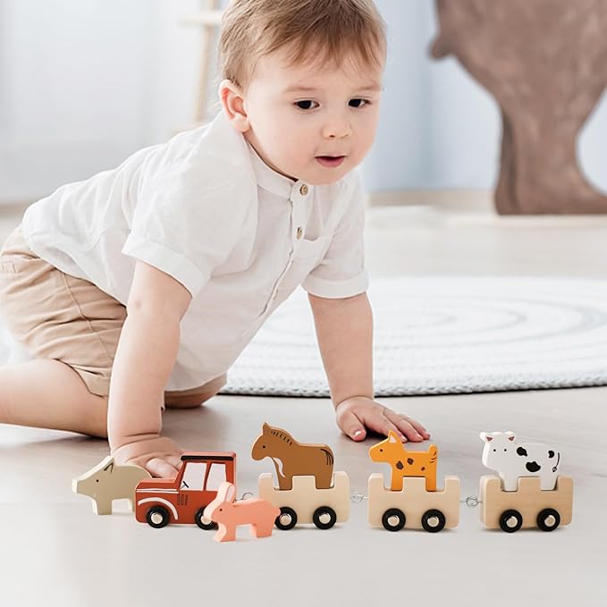 Wooden Train Set Toddler Toys for 3-5 Year Montessori Animal Figurines Train Toy Set Preschool Learning Activities Toys for Kids, Birthday Gift for Toddlers & Kids Aged 3+ (10 PCS)
