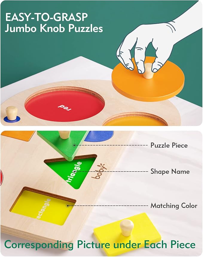 Boby Montessori Colorful Geometric Shapes Puzzle Board for Toddlers 1-3 Years | Wooden Knob Peg Baby Puzzles for 12-24 Months Early Learning Educational Toy