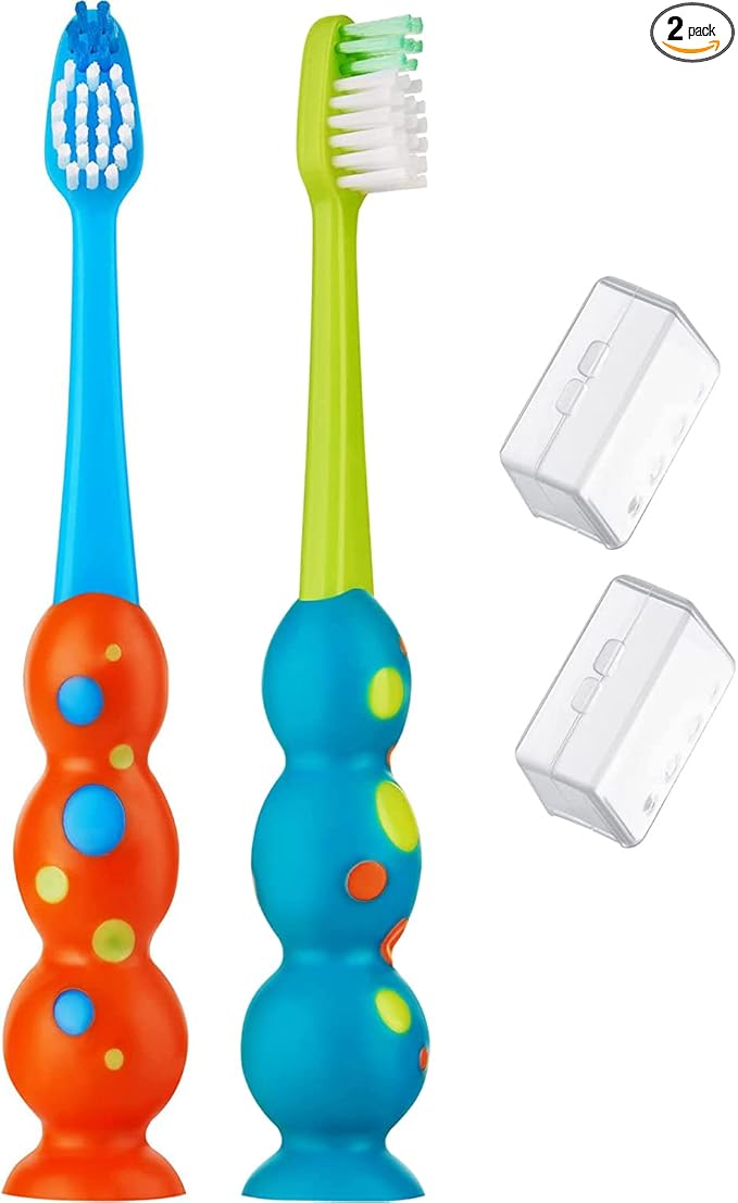 Trueocity Kids Toothbrush 2 Pack - Soft Contoured Bristles - Child Sized Brush Heads (3-10 Year Old) - Suction Cup for Fun & Easy Storage - Girl & Boy Set (2-Pack, Blue & Orange)