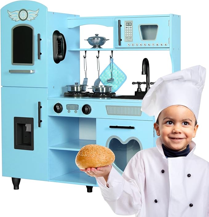 TaoHFE Toy Kitchen, Blue Kids Kitchen Playset for Kids Ages 4-8 Boys Gift Girls Play Kitchen Sets for Kids Kitchen Playset with Lights and Sounds Wooden Toy Kitchen Playset Gift Kids Kitchen Set